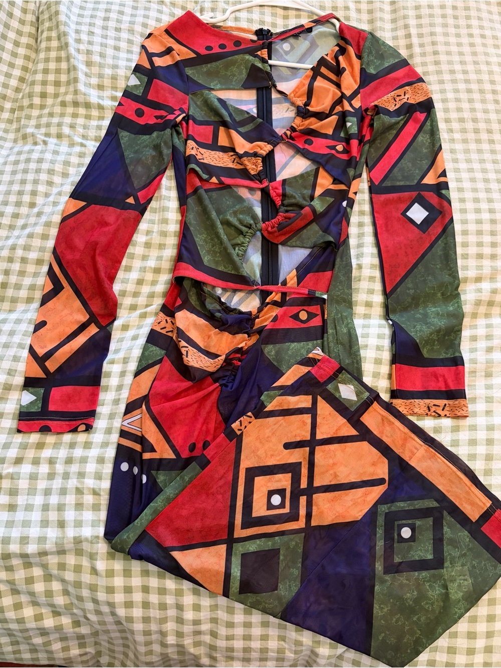 Geometric Print Long Sleeve Cutout Dress - Multicolor